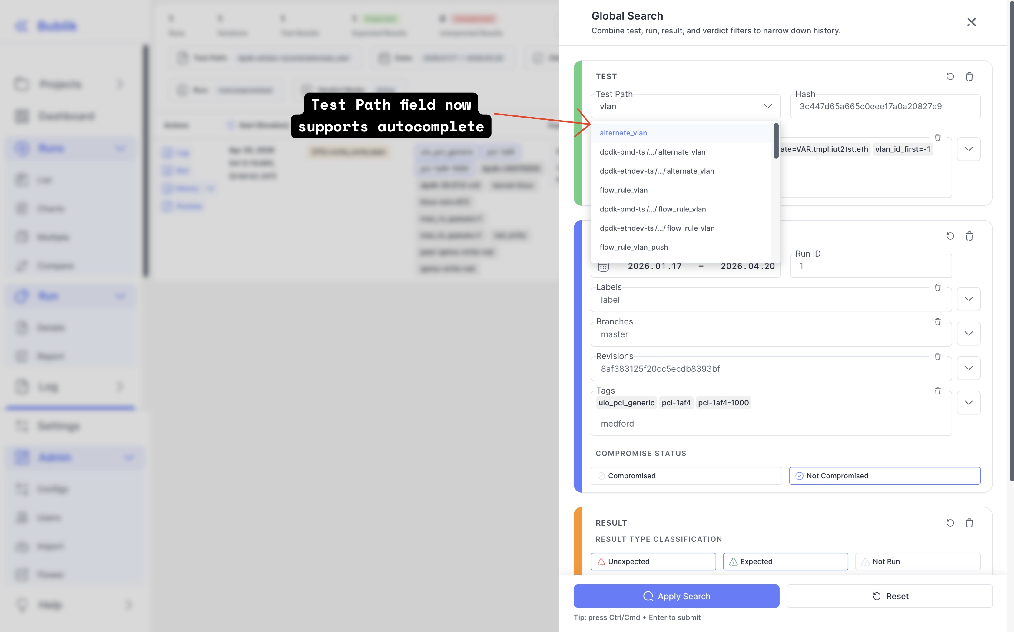 Autocomplete for Test Path Search